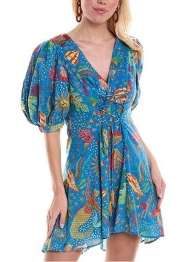 FARM Rio Ocean Stories Celestial Tropical Lace-Up Puff-Sleeve Mini Dress XSmall